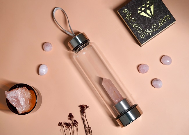 Rose Quartz Crystal Water Bottle for Love and Compassion