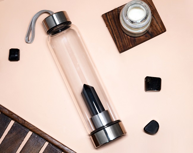 Black Tourmaline Crystal Water Bottle for Protection and Grounding