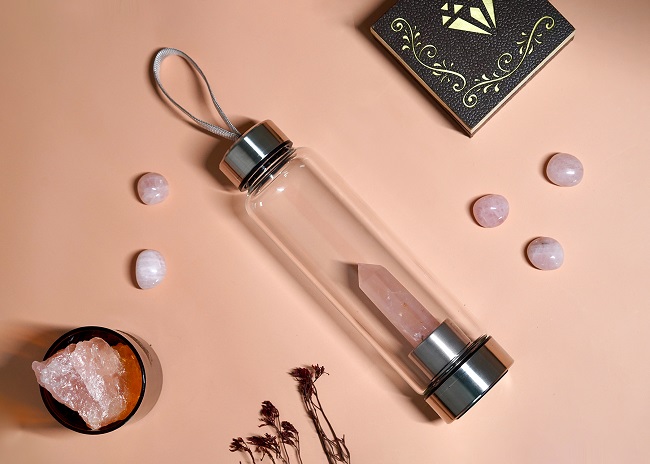 Rose Quartz Crystal Water Bottle for Love and Compassion